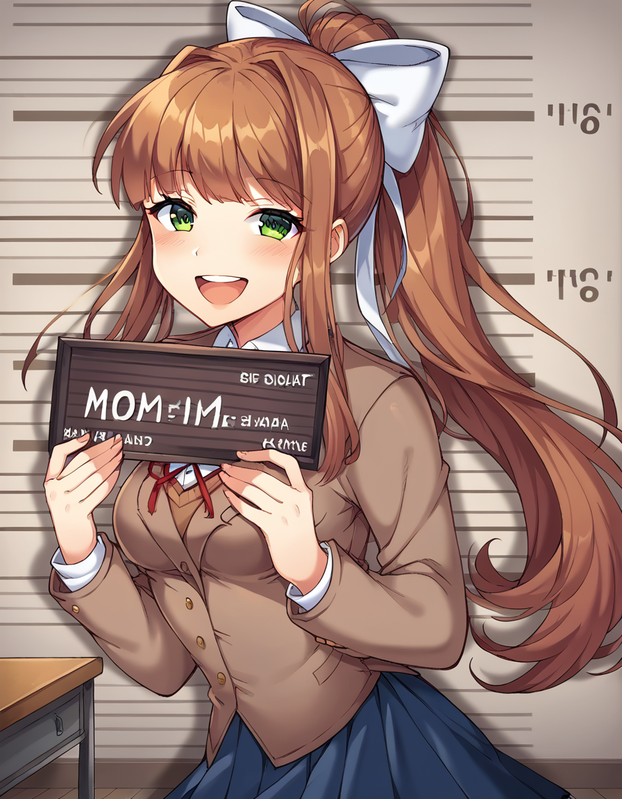 score_9, score_8_up, score_7_up, source_anime, <lora:ddlc-monika-ingame-ponyxl-lora-nochekaiser:1>, monika, blunt bangs, brown hair, green eyes, long hair, ponytail, ribbon, white ribbon, hair ribbon, sidelocks, medium breasts,, black thighhighs, blue skirt, brown jacket, jacket, long sleeves, over-kneehighs, pleated skirt, school uniform, skirt, thighhighs, zettai ryouiki,, dining room, table, chairs, dishes, cutlery, , <lora:ken-mugshot-ponyxl-lora-nochekaiser:1> barbie mugshot, barbie mugshot (meme) height mark, holding sign, nameplate, height chart, sign, meme, smile, open mouth, teeth, blush, cowboy shot, looking at viewer, solo,, dutch angle, cowboy shot