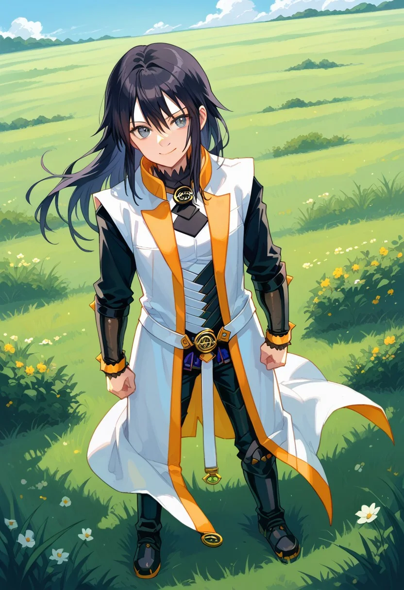 score_8, score_8_up, score_7_up, 1girl, female focus, solo, Azlier_SN, black hair, bangs, hair between eyes, long hair, sidelocks, grey eyes, white coat, collared coat, sleeveless coat, open coat, gorget, black gorget, brooch, white shirt, turtleneck shirt, black turtleneck, black sleeves, armor, belt, bracers, black pants, greaves, metal boots, full body, looking at viewer, smile, outdoors, grass, plains,