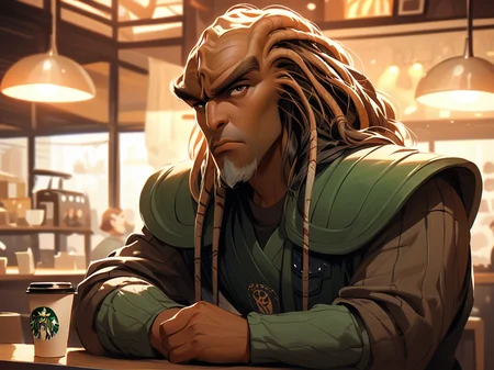 at a cafe drinking a latte <lora:Klingon_v2_pony:1> score_9,score_8_up,score_7_up,score_6_up,score_5_up,score_4_up , 1man, kling0n alien, large forehead ridges, brown skin, large eyebrows, wearing warrior armor,