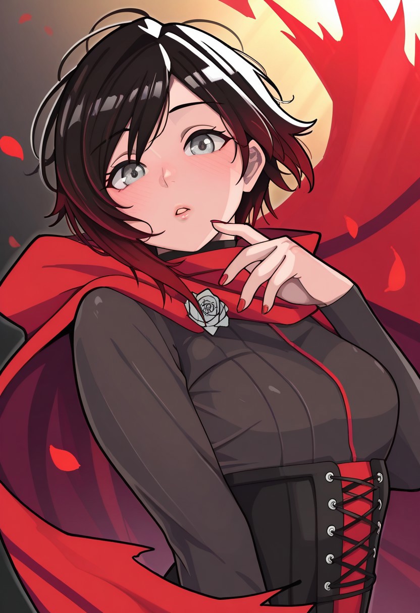 Kibawomuku_ST, masterpiece, best quality, very aesthetic, high resolution, ultra-detailed, absurdres, newest, detailed eyes, beautiful, perfect lighting, hi res, amazing quality, very awa, painting_(artwork), dynamic angle, dynamic pose, 1girl, ruby rose, black hair, grey eyes, short hair, looking at viewer, red cape, multicolored hair, red hair, torn clothes, upper body, red nails, nail polish, petals, gradient hair, long sleeves, two-tone hair, parted lips, torn cape, hooded cloak