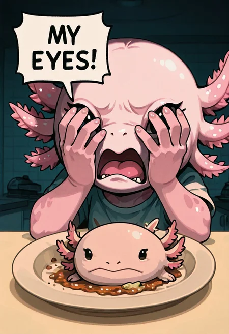 IllusP0s, solo, 1girl, axolotl, pink gills, close-up, contrast lighting, front view, speech bubble, (MY EYES!:1.3), covering own eyes, cooked axolotl on a plate on table, axolotl with pink gills on a plate,