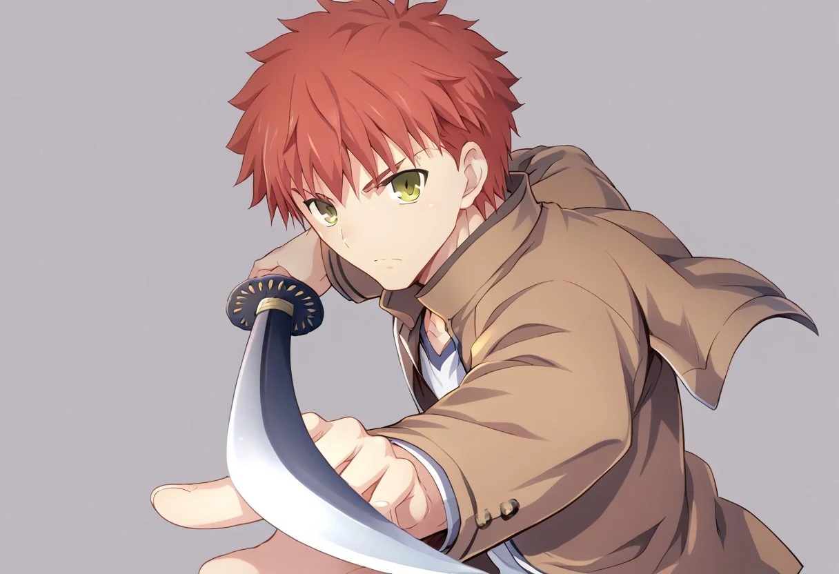 score_9, score_8_up, score_7_up, source_anime, shirouemiya, 1boy, male focus, homurahara academy school uniform, solo, school uniform, yellow eyes, red hair, jacket, long sleeves, brown jacket, shirt, short hair,
<lora:gatotsu-stance-ponyxl-lora-nochekaiser:1>, gatotsu stance, weapon, sword, katana, holding weapon, holding, holding sword, foreshortening,
