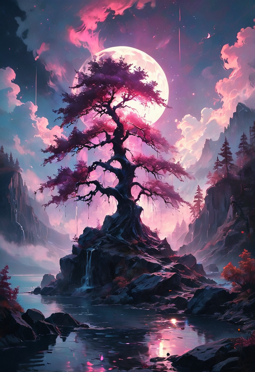 Under the eerie glow of a full moon, a dark and ominous landscape unfolds. A vibrant, colorful tree stands by the edge of a serene lake, its vivid hues contrasting starkly with the foreboding atmosphere. In the background, a waterfall cascades down jagged rocks, the water glistening in the moonlight. Thick, swirling clouds loom overhead, adding to the sense of an evil presence. The moonlight filters through the clouds, casting an otherworldly glow over the scene. A falling star streaks across the sky, adding a touch of mysticism to the night. The air is thick with a sense of ancient secrets and dark magic, as if the very night is alive with hidden power. [romantic impressionism,dream scenery art,beautiful oil matte painting,romantic,style of thomas kinkade,beautiful digital painting,anime landscape,romantic painting,dreamlike digital painting,colorful painting,beautiful gorgeous digital art,style of greg rutkowski,janek sedlar,jenny saville:0] <lora:vivid_everclear:0.6>  <lora:Sinozick:0.65>  <lora:MJ52:0.3> <lora:g0th1cPXL:0.85>
