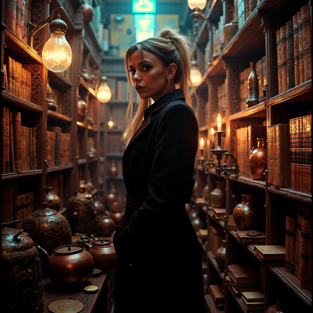 futuristic style neon noir surrealist art analog photography, analog photo, a bewitching beauty stands amidst shelves of ancient tomes and mystical artifacts, donning a striking modern elegant black women's suit. Amidst the magical library studio, she poses effortlessly, surrounded by worn grimoires, bubbling cauldrons, and an assortment of alchemy bottles and crafting witch tools. Soft candlelight casts a warm glow on her enchanting features as she gazes out, lost in thought among the mystical relics. Shot by Kodak Brownie.  <lora:Riley_Voelkel:1> rileyv . dreamlike, mysterious, provocative, symbolic, intricate, detailed . cyberpunk, dark, rainy streets, neon signs, high contrast, low light, vibrant, highly detailed . sleek, modern, ultramodern, high tech, detailed