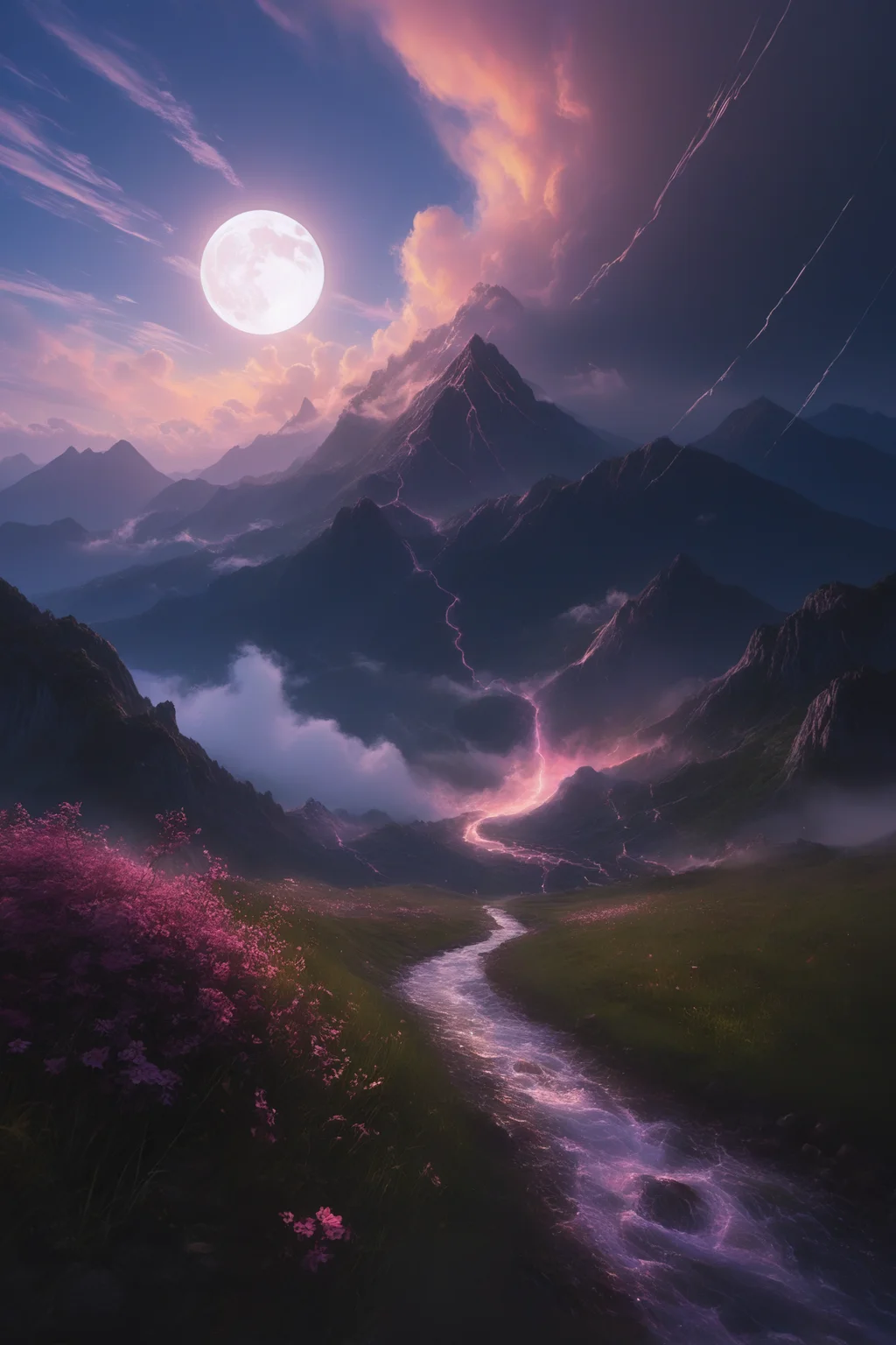 the storm is brewing in the sky, pink glow, sakura, (whirlwind of clouds), (night), slight fog, rain, (clouds spinning), (fisheye lense), moonlight, (tall grass), (very strong wind), (mountaintops), (busy clouds), atmospheric, (reflections), [romantic impressionism, epic scenery art, beautiful oil matte painting, intense, beautiful digital painting, anime landscape, epic painting, dreamlike digital painting, colorful painting, beautiful gorgeous digital art <lora:add-detail-xl:0.8> <lora:aidma-Image Upgrader-v0.1:0.8> <lora:ral-hlgrphic-sdxl:0.8> ral-hlgrphic <lora:detailed_notrigger:0.8>