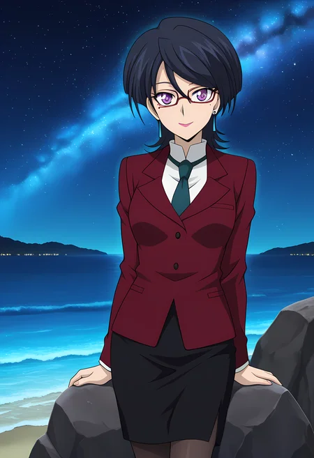 masterpiece,best quality,amazing quality,
solo,
Akane Kiyosu (Cardfight Vanguard), short hair, black hair, mole under eye, purple eyes, glasses, lipstick, earrings, jewelry, formal, suit, jacket, black pencil skirt, pantyhose,
looking at viewer, smile,
lying, Leaning back on rock,
cinematic,
bloom, night, at beach, starry sky, galaxy sky, glowing blue ocean waves, blue light, detailed shadow,
Official style, anime screencap, anime coloring,