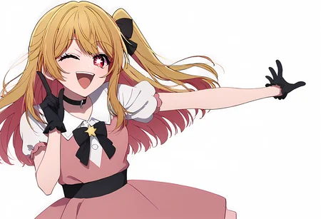 score_9, score_8_up, score_7_up, 1girl, solo, extremely detail face, hoshino ruby, blonde hair, long hair, one side up, red eyes, one eye close, star-shaped pupil, hair ornament, black hair ribbon, skirt, idol, dress, pink dress, white frill shirt, pink skirt, black collar, black gloves, open mouth, smile, pointing, doodle dance, indoor background,<lora:Ruby_Hoshino_Doodle_Dance_Meme_Smaller_Hitbox:1> <lora:brj-ruby-pony-v0.5:1>