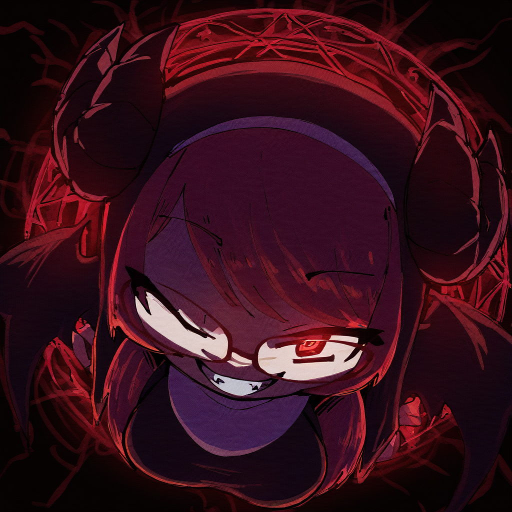 (StyleBirdBlitz),(masterpiece, best quality, very awa,absurdres), [chibi], nyalia,
1girl, solo, long hair, breasts, (evil) grin, (half closed eyes), one eye closed, nun, black dress, close up, portrait, red hair, red eyes, fangs, glasses, looking at viewer, looking up, straight-on, facing viewer, demon horns, black horns, horns through headwear, (from above),
(red background, black background, radial background, dark lighting), white outline, red glow, pentagram (star of david) in background, (red outline), (demon wings)