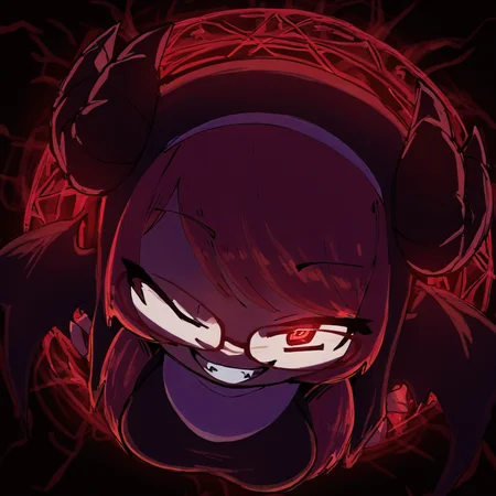 (StyleBirdBlitz),(masterpiece, best quality, very awa,absurdres), [chibi], nyalia,
1girl, solo, long hair, breasts, (evil) grin, (half closed eyes), one eye closed, nun, black dress, close up, portrait, red hair, red eyes, fangs, glasses, looking at viewer, looking up, straight-on, facing viewer, demon horns, black horns, horns through headwear, (from above),
(red background, black background, radial background, dark lighting), white outline, red glow, pentagram (star of david) in background, (red outline), (demon wings)