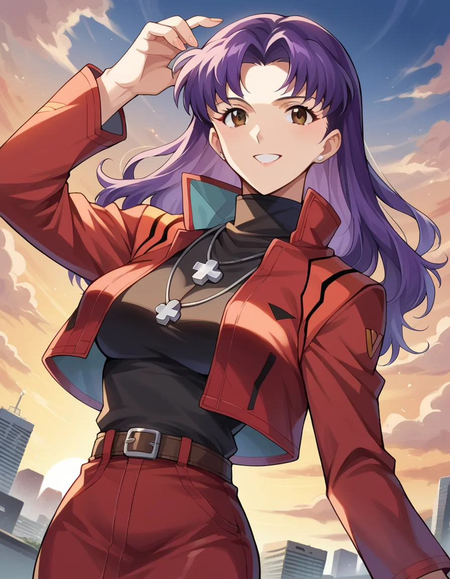 score_9, score_8_up, score_7_up, source_anime, misatokatsuragi, <lora:misato-katsuragi-ponyxl-lora-nochekaiser:1>, misato katsuragi, long hair, brown eyes, purple hair, parted bangs, skirt, jewelry, smile, mature female, jacket, belt, necklace, uniform, cross, red jacket, pencil skirt, cross necklace, red skirt, black shirt, turtleneck, cropped jacket, outdoors, cityscape, sky, clouds, sun, looking at viewer, cowboy shot, dutch angle, dynamic pose,