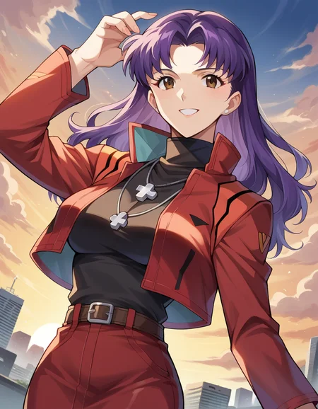 score_9, score_8_up, score_7_up, source_anime, misatokatsuragi, <lora:misato-katsuragi-ponyxl-lora-nochekaiser:1>, misato katsuragi, long hair, brown eyes, purple hair, parted bangs, skirt, jewelry, smile, mature female, jacket, belt, necklace, uniform, cross, red jacket, pencil skirt, cross necklace, red skirt, black shirt, turtleneck, cropped jacket, outdoors, cityscape, sky, clouds, sun, looking at viewer, cowboy shot, dutch angle, dynamic pose,