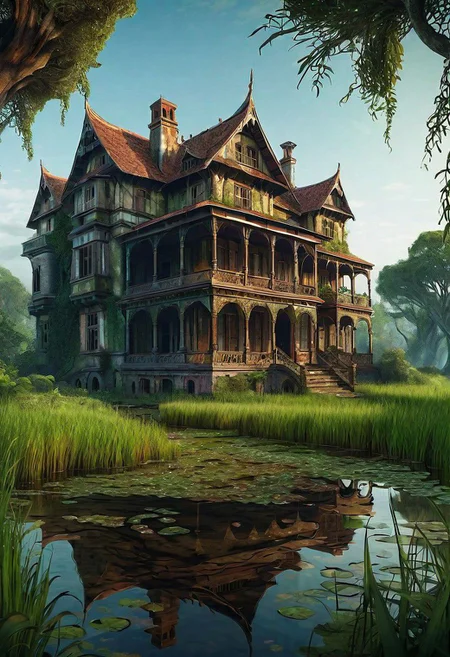 hd, 8k, masterpiece, award winning illustration of an abandoned mansion covered with grass in a swamp, dungeons and dragons style, fantasy, group of adventurers outside, intricate indian style details, heroic fantasy, spooky, fandist,