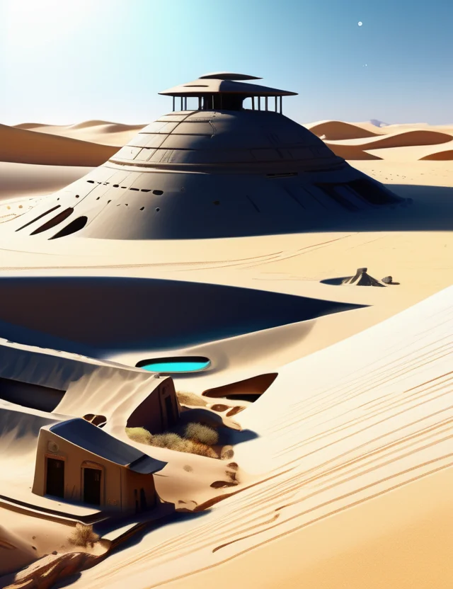 (masterpiece:1.2), ((digital art,realistic)), (hyper detailed),DonMS4ndW0rldXL, made of sand or sandstone, desert Hamlet, scifi,<lora:DonMS4ndW0rldXL-000008:0.8>