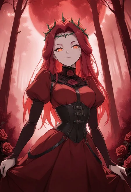 masterpiece, best quality, very aesthetic, absurdres, 1girl, solo, looking at viewer, downturned face, slight smile, red hair, long hair, glowing red-orange eyes, rust red dress, long sleeves, rose patterns on puffy shoulder sleeves, collared dress, black lace collar with one large real red rose in the center, (black thron circlet crown) of thorns on her head, corset with leather straps, thorny rose vines, detailed background, low-key, red haze, red roses, dark fantasy forest, blood moon behind the trees. 