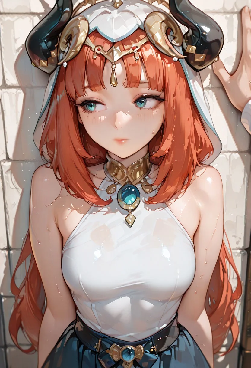 masterpiece, absurdres, newest, best quality, amazing quality, very aesthetic,1girl, score_9, score_8, score_7,high quality, masterpiece, hd, Absurd res, high res, 4k, anime coloring, depth of field,
beautiful, open eyes,
female model face, 96yottea, very fit body, luscious lips, sexy, pale skin, medium breasts, sexy, nilou (genshin impacts), female adult,
sweat,
1 girl, solo, modern lighting, mouth open widely, athletic body, very thin waist, skinny body, petite body, adult female,
outdoor setting, simple background,
from the front,
shy, looking away, povkabedon, 1girl, solo focus,