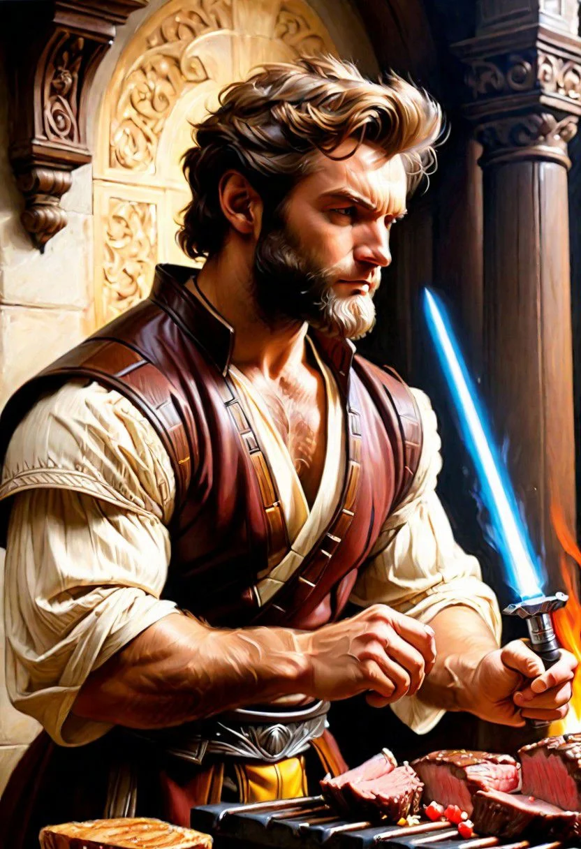 puppy wolverine Obi-Wan, grilling beef on light saber,
Oil Painting,
(Renaissance Paintings, Renaissance style, beautiful, painterly, detailed, textural, artistic), (((intricate details, highly detailed, ultra-detailed, absurdres))), (unreal engine, octane rendering, Anti-Aliasing, sharp focus, natural lighting, high saturation, high contrast, vivid, vibrant, studio lighting, best texture quality), beautiful detailed scenery,
Style-Renaissance