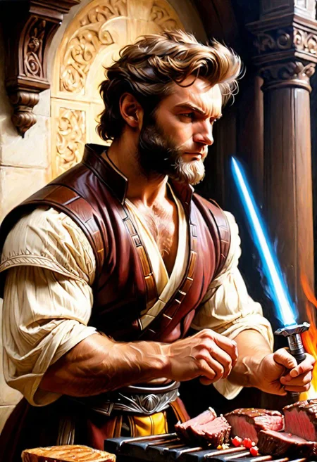puppy wolverine Obi-Wan, grilling beef on light saber, 
Oil Painting, 
(Renaissance Paintings, Renaissance style, beautiful, painterly, detailed, textural, artistic),  (((intricate details, highly detailed, ultra-detailed, absurdres))), (unreal engine, octane rendering, Anti-Aliasing, sharp focus, natural lighting, high saturation, high contrast, vivid, vibrant, studio lighting, best texture quality), beautiful detailed scenery,
Style-Renaissance