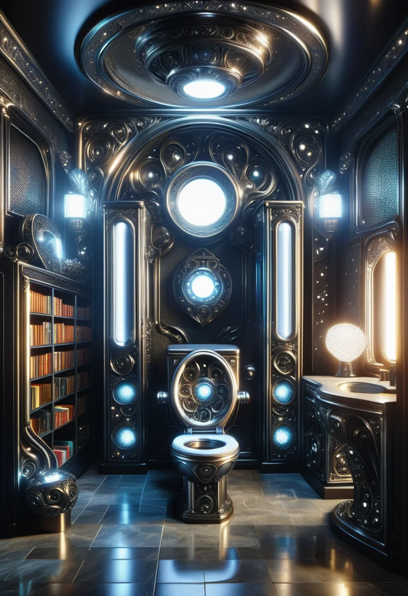 hyper detailed masterpiece, dynamic, awesome quality, DonMSt33lM4g1cXL library/reading room, television,hairdryer,nanotechnology devices,toilet paper,shelves, ceramic tiles,andesite stone, wall sconces, black lights, teslapunk, made of steel, shiny <lora:DonMSt33lM4g1cXL-v1.1-000008:1>