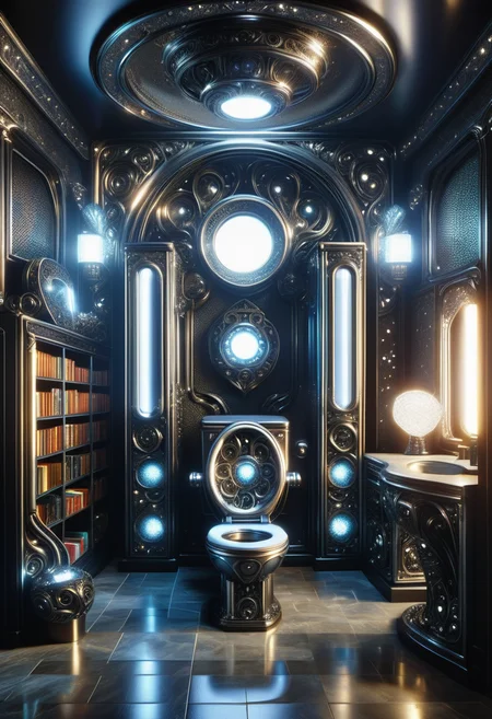 hyper detailed masterpiece, dynamic, awesome quality, DonMSt33lM4g1cXL library/reading room, television,hairdryer,nanotechnology devices,toilet paper,shelves, ceramic tiles,andesite stone, wall sconces, black lights, teslapunk, made of steel, shiny <lora:DonMSt33lM4g1cXL-v1.1-000008:1>