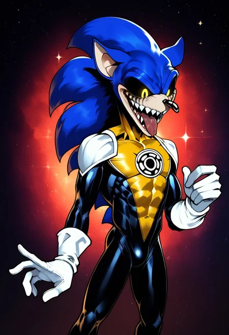 score_9, score_8_up, score_7_up , masterpiece, beautiful,1 male , solo. smug expression,
DemogriEXE, gloves, 1boy, animal ears, blue hair, black eyes, furry, furry male, body fur, animal nose, blue fur, sonic the hedgehog, distorted eerie version of Sonic the Hedgehog, exaggerated features,desaturated fur
glowing yellow eyes, sharp teeth, wide smile, tongue out,
, SinestronCOS,thighhighs,white gloves,skin tight,bodysuit,superhero,black bodysuit,yellow bodysuit,sinestrocorps symbol on chest, , knee boots, white boots,sinestrocorps symbols on chest, anime art style, starry background, outerspace,