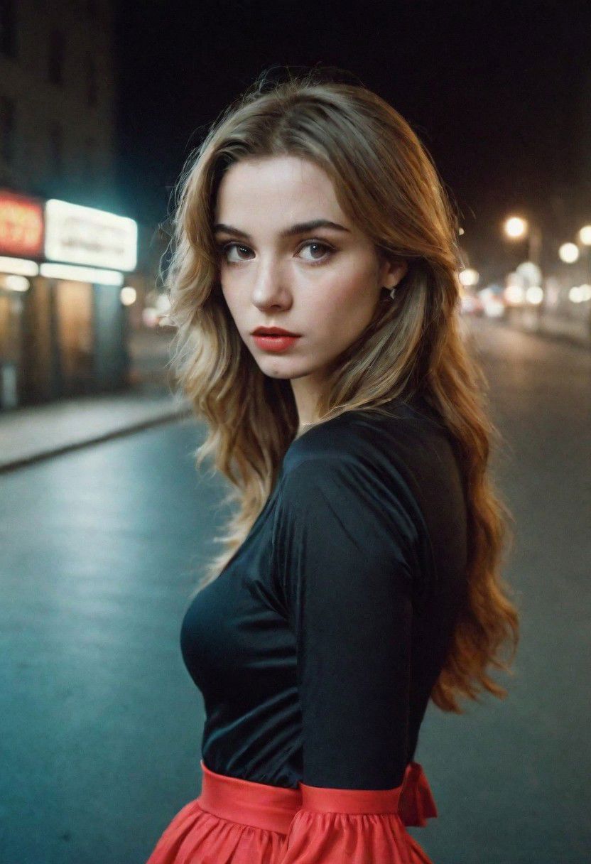 Analogic Portrait Photo a portrait,80s, and hyperdetailed photography, a woman 21-25 years old in street of city,night time,  dark blonde hair, suspiria, hiperdetailed 80s clothes and hair,  makeup 80s,  background,squat pose,yearbook shot, perfil