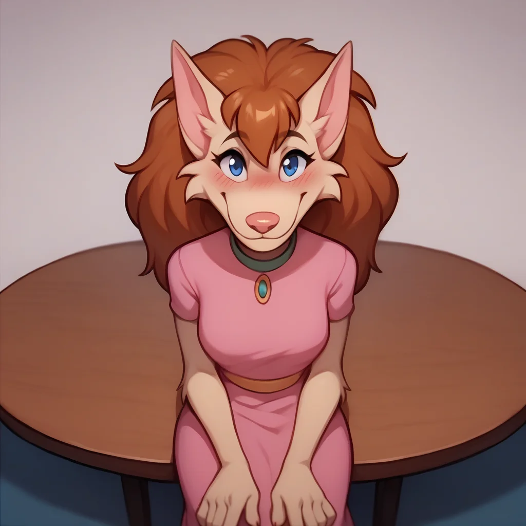 score_9, score_8_up, score_7_up, BREAK <lora:FluffyWerewolf:1.1> fluffywerewolf, furry female, long hair, brown hair, blue eyes, smile, blush, looking at viewer, pink dress, sitting, table, dated, pov,