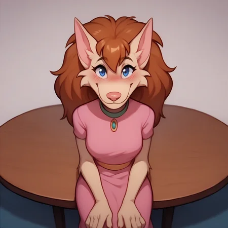 score_9, score_8_up, score_7_up, BREAK <lora:FluffyWerewolf:1.1> fluffywerewolf, furry female, long hair, brown hair, blue eyes, smile, blush, looking at viewer, pink dress, sitting, table, dated, pov,