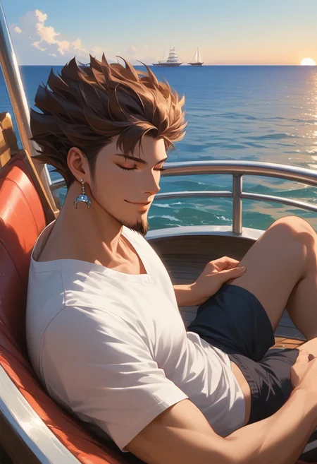 score_9, score_8_up, score_7_up, source_anime, rating_safe, Azutail, 1boy, grey Azuma earrings, brown hair, male focus, white shirt, closed eyes, smiling, shorts, laying-relaxing, chair, hands with five fingers, blurry outdoor watercraft, ocean-horizon, ship deck, boat, many sail boats, scenery-sunrise, realistic lighting, from side, Expressiveh,