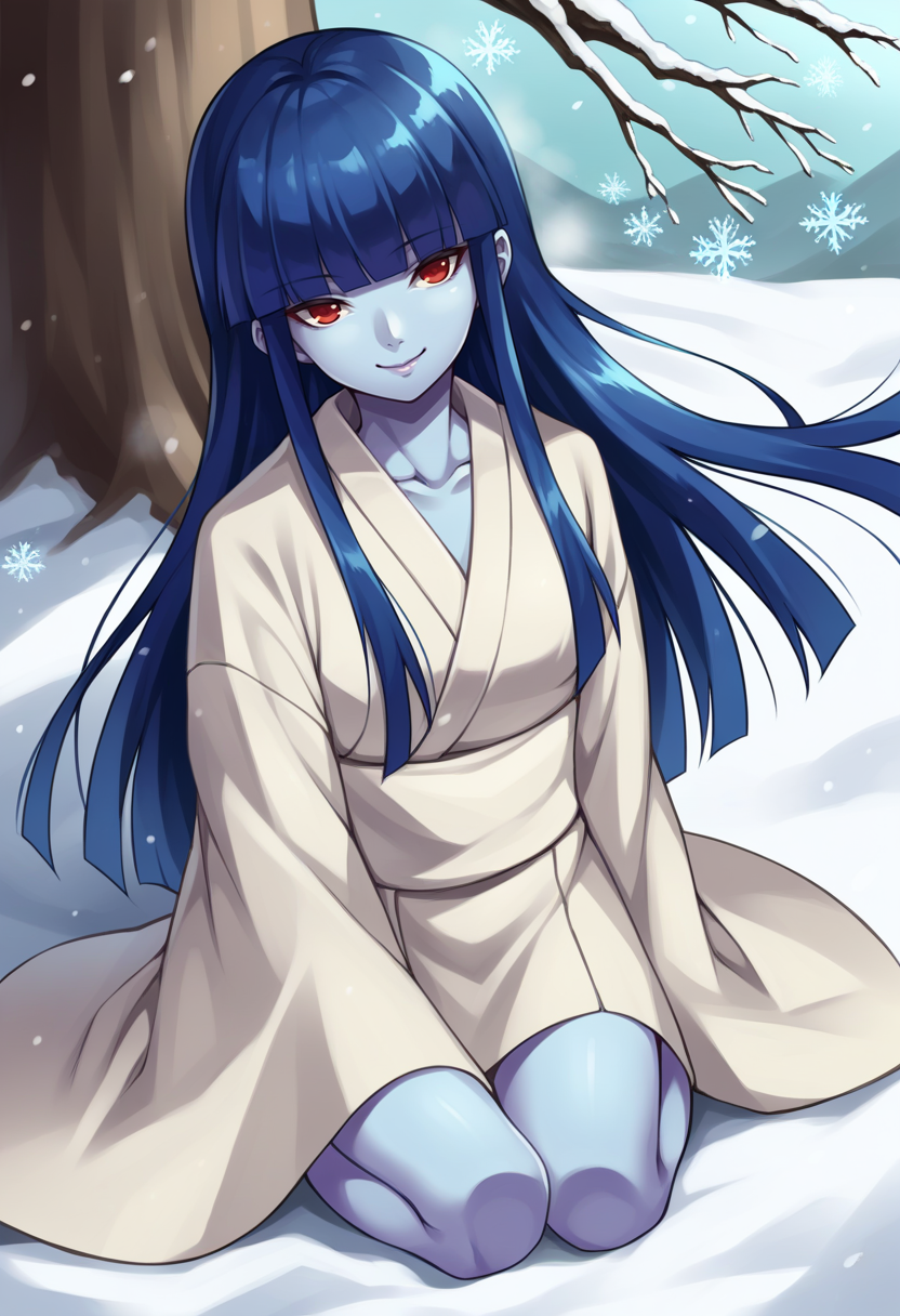 score_9, score_8_up, score_7_up, source_anime BREAK 1girl, solo,
<lora:zs_YukiJyorouXL:1> yukijyorousmt, kimono, long hair, blunt bangs, blue hair, red eyes, colored skin, blue skin, arctic, snow, 
looking at viewer, smile, sitting on ground, snow, snowflakes, under tree