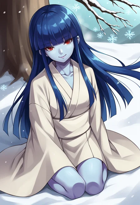 score_9, score_8_up, score_7_up, source_anime BREAK 1girl, solo,
<lora:zs_YukiJyorouXL:1> yukijyorousmt, kimono, long hair, blunt bangs, blue hair, red eyes, colored skin, blue skin, arctic, snow,
looking at viewer, smile, sitting on ground, snow, snowflakes, under tree