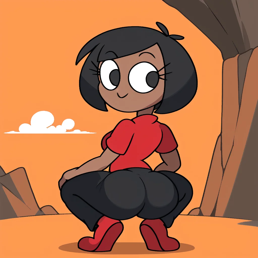 zPDXL, flat colors, cel shading, vector, shadows, clouds, source_anime, realistic, detailed background, orange background, canyon, cliff, 1girl, solo, rob_(\vilepluff\), dark skin, eyelashes, medium breasts, black hair, bob cut, \small head, shiny skin, red shirt, grey pants, red shoes, back, hands on knees, squatting, looking back, broly culo, smile, <lora:RobVile:0.85> <lora:broly_culo_v1_pruned:1>