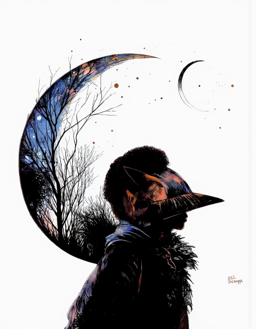 Art by Eli Minaya. A digital illustration shoot from a profile camera angle about a silhouette of a figure with a crescent moon and a tree against a starry night sky. the image also shows a tree with bare branches on the left side of the image. on the middle of the frame, a figure appears to be a woman, with her upper body visible. she is facing away from the viewer, and her face is obscured by a large, black hat with a triangular pattern. her hair is styled in an afro, and she is wearing a dark, feathered cloak. the background is a stark white, and the image has a watermark in the bottom right corner.