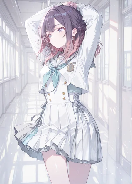 School uniform,school hallway, Tokidoki Bosotto Russia-go De Dereru Tonari No Alya-san anime style, ma1ma1helmes_b_illu, 1girl, gakumas,, klskx, 748cmstyle, dutch angle, close-up, BREAK styling pose, fashion pose, bloom, soft lighting, BREAK perfect details, masterpiece, best quality, ultra-detailed, best illustration, high resolution, extremely detailed CG, unity 8k wallpaper, super detailed skin, perfect anatomy, detailed, cinematic lighting, dynamic lighting, light particles, abstract, beautiful detailed eyes, absurdres, very aesthetic, detailed background, depth of field
