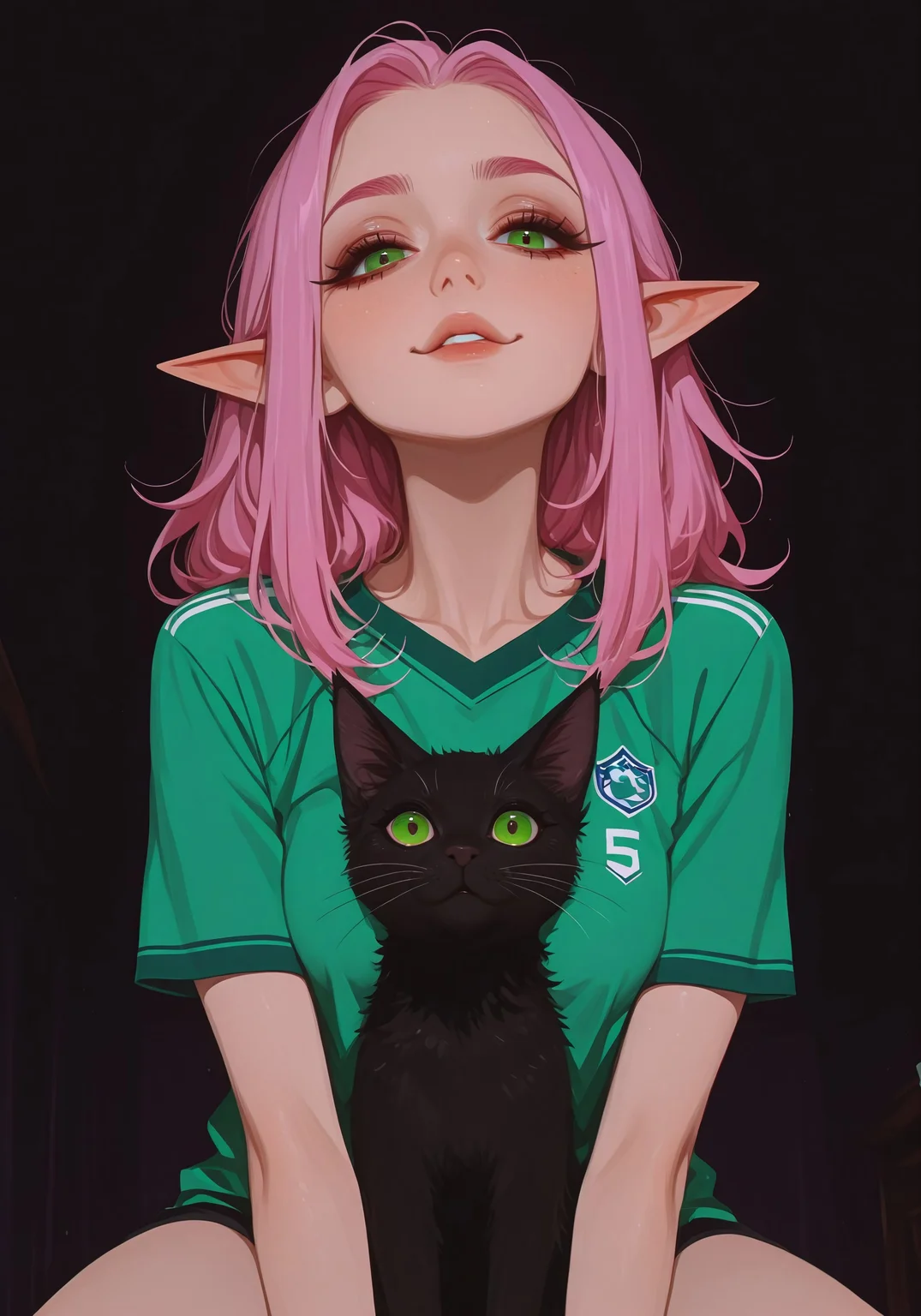 1girl, solo,
soccer jersey, slim, small breasts,
pink hair, green eyes, sexy elf, healthy skin,
beautiful eyes, detailed face,
looking at viewer,
dynamic composition, yandere expression, dynamic pose, holding a black cat,
anime style, anime, pastel,
xxx667_illu, artist:moriimee, 748cmstyle, no lineart, flat color, EGirlPFP