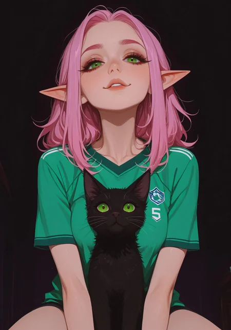 1girl, solo,
soccer jersey, slim, small breasts,
pink hair, green eyes, sexy elf, healthy skin,
beautiful eyes, detailed face,
looking at viewer,
dynamic composition, yandere expression, dynamic pose, holding a black cat,
anime style, anime, pastel,
xxx667_illu, artist:moriimee, 748cmstyle, no lineart, flat color, EGirlPFP