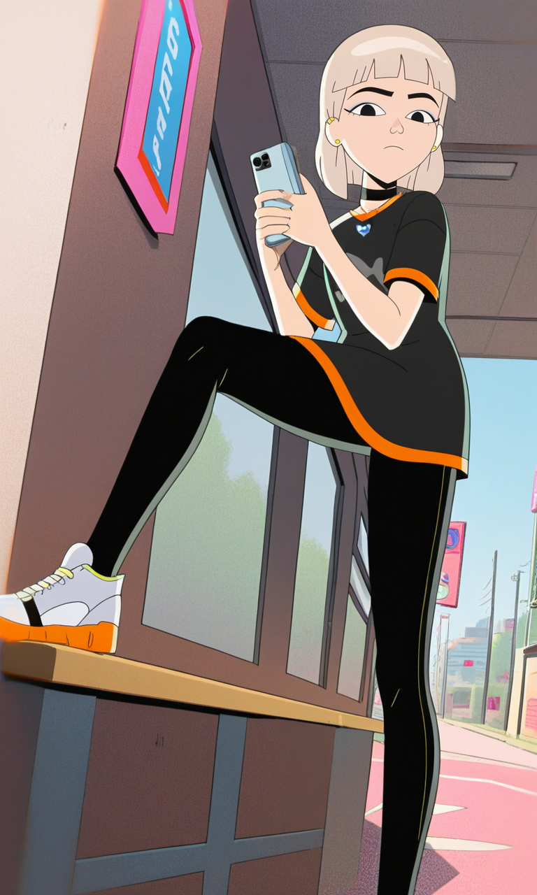 score_9, score_8_up, score_7_up, JentryChau, 1girl, blonde hair, medium hair, bangs, earrings, heart necklace, choker, cowboy shot, black eyes, show accurate style, source_cartoon , flat colors,AddXL,Perfect Hands, city, exterior, standing at bus stop, holding cellphone,  black shirt, black graphic shirt, black pants, white sneakers, looking down, dutch angle, half-closed eyes, neutral expression, from side pov, sitting on bench, 