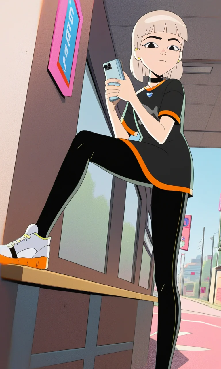 score_9, score_8_up, score_7_up, JentryChau, 1girl, blonde hair, medium hair, bangs, earrings, heart necklace, choker, cowboy shot, black eyes, show accurate style, source_cartoon , flat colors,AddXL,Perfect Hands, city, exterior, standing at bus stop, holding cellphone, black shirt, black graphic shirt, black pants, white sneakers, looking down, dutch angle, half-closed eyes, neutral expression, from side pov, sitting on bench,