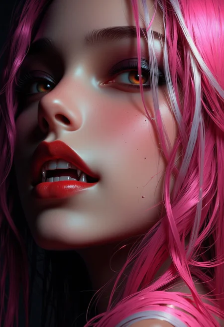 masterpiece, high detail, masterpiece, closeup portrait of stunning oriental vampire woman, long pink hair with white streak, dark eyeshadow, red lips, mouth slightly open showing fangs, chiascuro, sexy, seductive, erotic, direct gaze, dark background. highest definition, HD32K, wallpaper, hyperdetailed, concept art, extreme closeup, side profile
