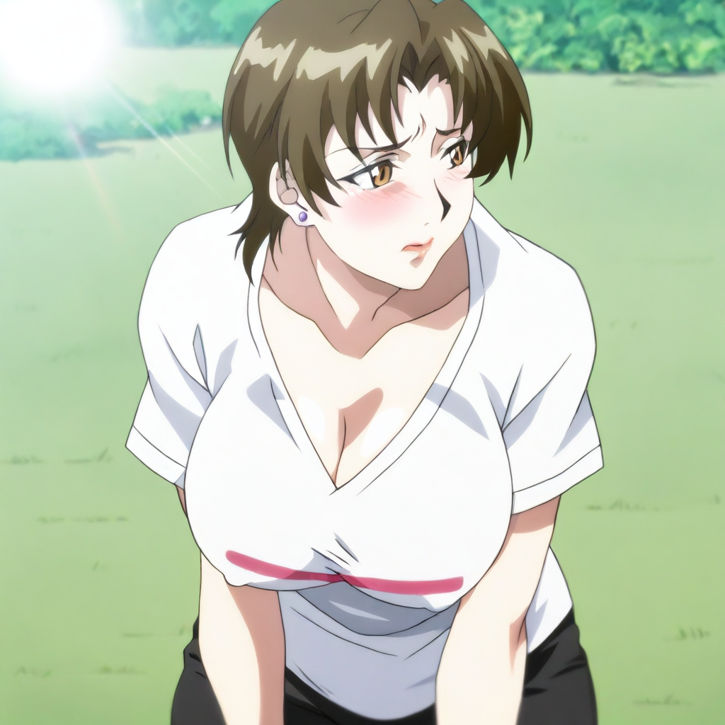 (1KUM1SUN0H4R4:1.4), an anime styled image,1girl, brown hair, short hair,  brown eyes, parted bangs,mature female, huge breasts, stud earrings, solo, cleavage, looking to the side, blushing, embarrassed, t-shirt, black pants, mature female, milf, masterpiece, best quality, good quality, newest, outdoors, grass, sun, sunlight