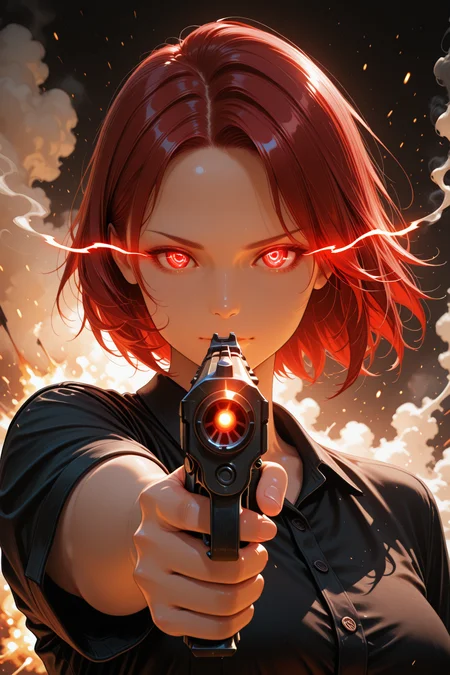 embedding:lazypos, 1girl, red hair, short hair, mature, aiming at viewer, gun, smoke, fired shot, close up, looking at viewer, pointing at viewer,
(eye trail:1.2), black shirt from the side, four fingers <lora:TrendCraft_The_Peoples_Style_Detailer-v1.0A-3_13_2025-illustrious:0.6>