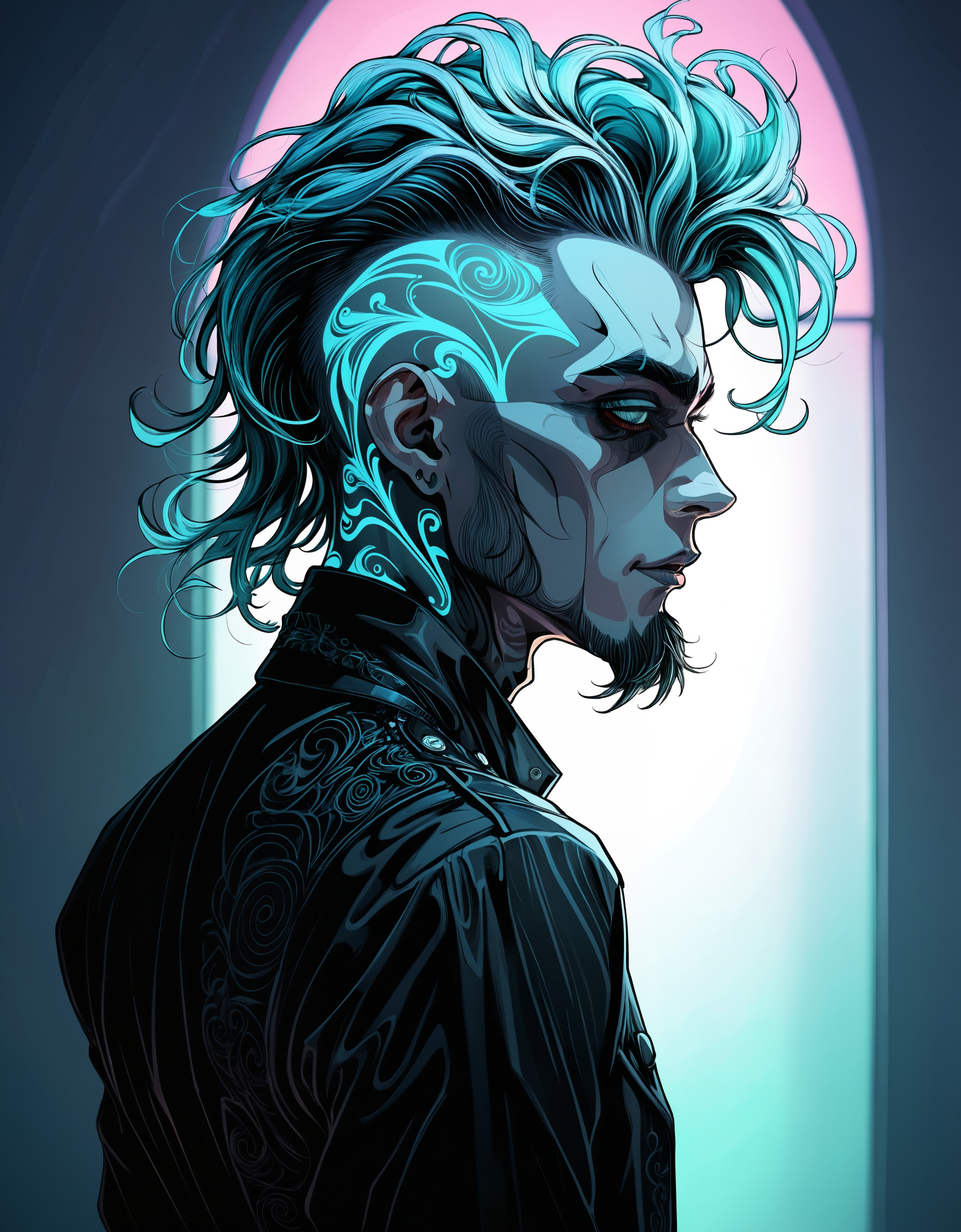 zavy-fltlnpnt, lineart, cel-shaded graphics, Inspirational Male, 😊, Avant-Garde hair styled as High and tight, Lonely, Health Goth Art, Indirect light, Depth of field 270mm, Kodachrome, haute couture, beautiful, cool colors, glowing, intricate artistic color, intricate, highly intricate