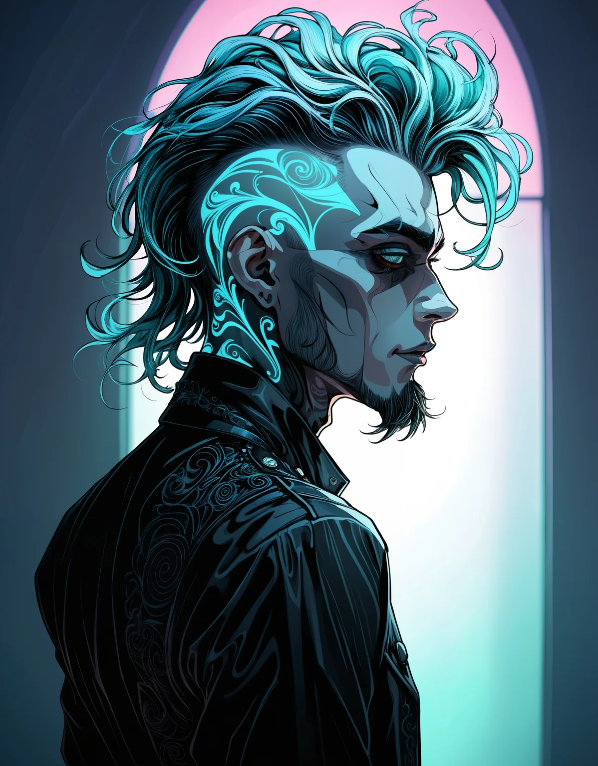 zavy-fltlnpnt, lineart, cel-shaded graphics, Inspirational Male, 😊, Avant-Garde hair styled as High and tight, Lonely, Health Goth Art, Indirect light, Depth of field 270mm, Kodachrome, haute couture, beautiful, cool colors, glowing, intricate artistic color, intricate, highly intricate