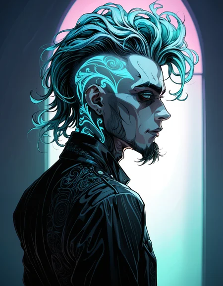 zavy-fltlnpnt, lineart, cel-shaded graphics, Inspirational Male, 😊, Avant-Garde hair styled as High and tight, Lonely, Health Goth Art, Indirect light, Depth of field 270mm, Kodachrome, haute couture, beautiful, cool colors, glowing, intricate artistic color, intricate, highly intricate