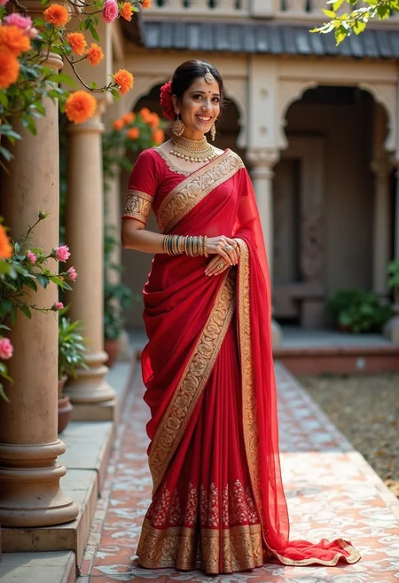 The professional portrait captures the essence of Indian culture and elegance, featuring an Indian woman dressed in a stunning Angrakha, a traditional Indian attire. The Angrakha is a robe-like garment, typically worn in the northern parts of India, characterized by its asymmetrical style and overlapping panels. The Angrakha in this portrait is a vibrant shade of red, symbolizing love, passion, and power, making the subject stand out against the lush background.
The Angrakha is adorned with intricate traditional embroidery in gold and silver threads, showcasing the craftsmanship and attention to detail that goes into creating such a masterpiece. The embroidery features floral motifs, geometric patterns, and elaborate borders, adding a touch of royalty and grandeur to the attire. The panels of the Angrakha are carefully draped over the subject's shoulder, revealing a glimpse of her matching red blouse underneath, enhancing the overall visual appeal of the portrait.
The subject of the portrait is a woman who embodies grace and elegance, wearing golden jewelry that complements her attire. A statement neckpiece adorned with precious stones and intricate carvings graces her neck, drawing attention to her delicate collarbones. Golden bangles, earrings, and rings complete her jewelry ensemble, adding a touch of opulence and sophistication. Her hair is tied in a neat bun, adorned with fresh flowers, adding a touch of freshness and femininity to the portrait.
The woman is standing in a beautifully decorated Indian courtyard, showcasing the exquisite handicrafts that are an integral part of Indian culture. The courtyard features a marble floor with floral patterns, adding a touch of elegance and sophistication to the setting. A beautifully carved stone pillar stands beside the subject, adding a sense of grandeur and majesty to the portrait.
The background of the portrait features blooming flowers and ancient architecture, adding a touch of natural beauty and cultural significance to the setting. The flowers include marigolds, roses, and jasmine, symbolizing joy, love, and purity, respectively. The ancient architecture in the background features intricate carvings and sculptures, showcasing the rich history and heritage of Indian culture.
The portrait is a high-quality one, capturing the subject in stunning detail, making it perfect for cultural representation and fashion projects. The use of natural light and a neutral background highlights the vibrant colors and intricate details of the subject's attire and jewelry, making her the center of attention. The woman's confident stance and radiant smile add a touch of warmth and approachability to the portrait, making it an ideal representation of Indian culture and elegance.