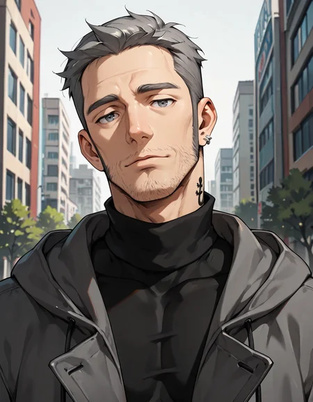 masterpiece, best quality, absurdres, newest, perfect quality, best quality, absolutely eye-catching, detailed background, intricate details, male focus, anime, 2d, solo, <lora:Persona 5 - Munehisa Iwai - Illustrious 2_1-000006:0.7>, m_iwai, 1boy, mature male, grey hair, grey eyes, long sideburns, stubble, neck tattoo, multiple earrings, grey long coat, black turtleneck, hood down, head tilt, come hither, looking at viewer, outdoors, city, trees, portrait, standing, head tilt