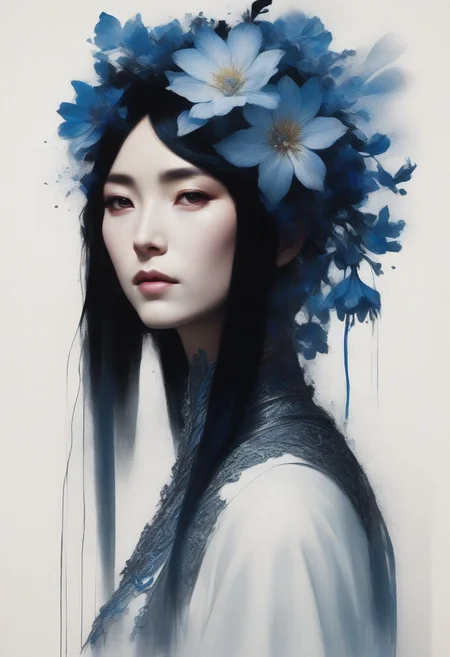 masterpiece, Blue Flower Headgear, Black Hair, dramatic, bright highlights, face