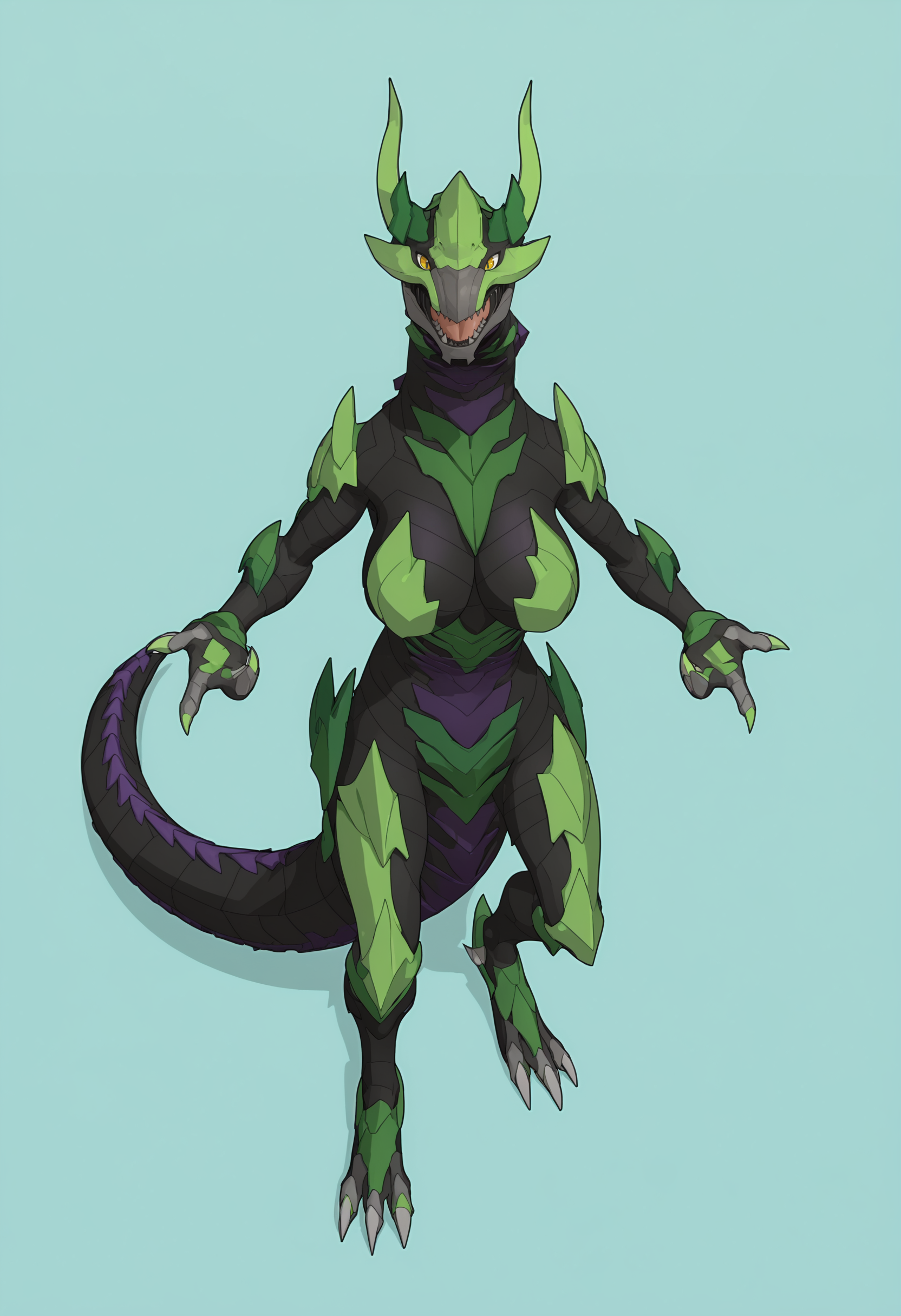 score_9, score_8_up, score_7_up, score_6_up, score_5_up, score_4_up, 1girl, <lora:Phaedrus:0.85> solo, no humans, yellow eyes, teeth, sharp teeth, dragon, tail, horns, spikes, open mouth, anthro, large breasts, standing, full body, front view, looking at viewer, 
(light blue background), simple background,