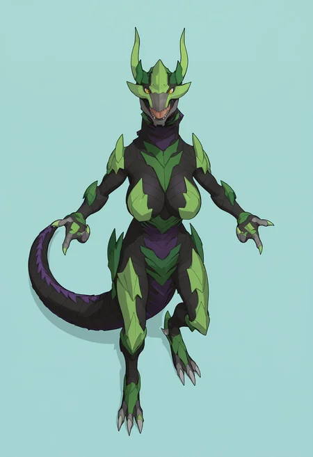score_9, score_8_up, score_7_up, score_6_up, score_5_up, score_4_up, 1girl, <lora:Phaedrus:0.85> solo, no humans, yellow eyes, teeth, sharp teeth, dragon, tail, horns, spikes, open mouth, anthro, large breasts, standing, full body, front view, looking at viewer,
(light blue background), simple background,