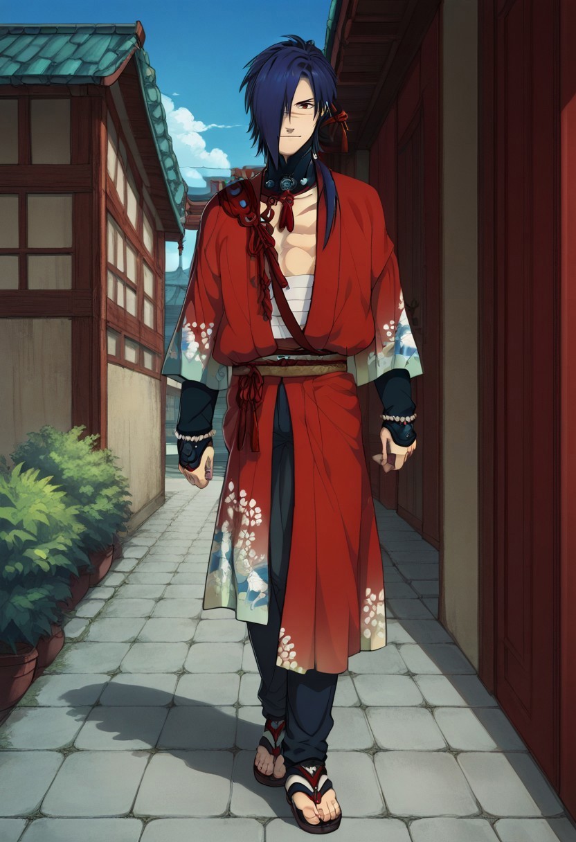 score_9, score_8_up, score_7_up, source_anime, highly detailed, 

koujaku, 1boy, male focus, solo, blue hair, ponytail, long hair, hair over one eye, red eyes, scar, scar on face, japanese clothes, kimono, red kimono, sarashi, midriff sarashi, pants, black pants, sandals, gloves, fingerless gloves, jewelry, beads, bracelet, choker, full body

outdoor, sky, modern building,