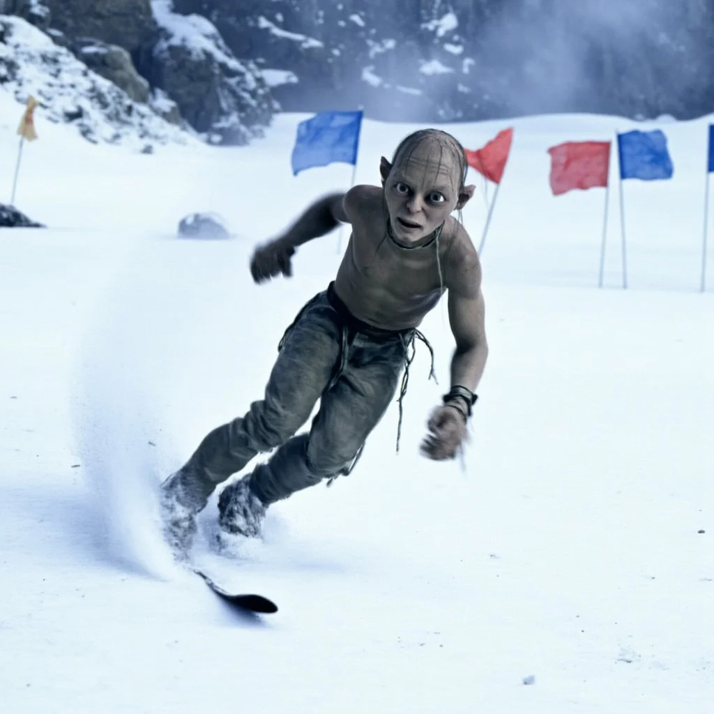 A m3m3 photo, high-resolution action shot of smeagol from the lord of the rings skiing down a ski slope. The white snow has bumps and there are blue and red flags